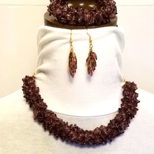 Genuine hand-carved Amethyst Flower Beads Cluster Necklace with Gold-tone Chain